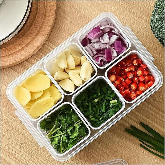 Multi-Compartment Food Storage Box with Lid – 6-Section Organizer for Kitchen & Fridge