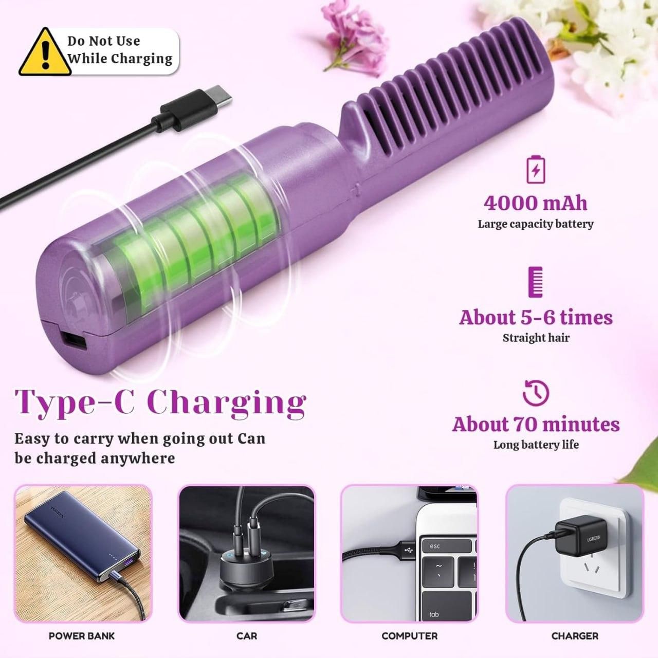 Meneflix Portable Mini Hair Straightener Cordless Rechargeable Mini Adjustable Hair Straightener Hot Comb - noQMall