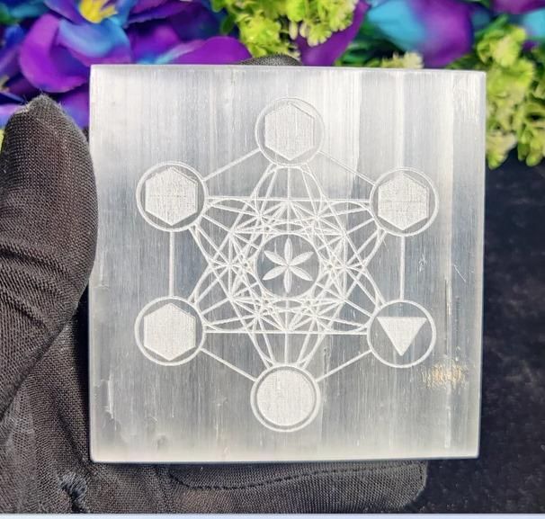 Selenite Charging Plate (Satin Spar Selenite) | Man Surrounded With Chakra Symbols - noQMall