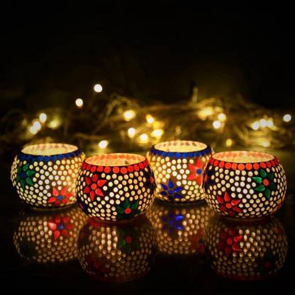 eCraftIndia Set of 4 Mosaic Glass Decorative Tea Light Holder - noQMall