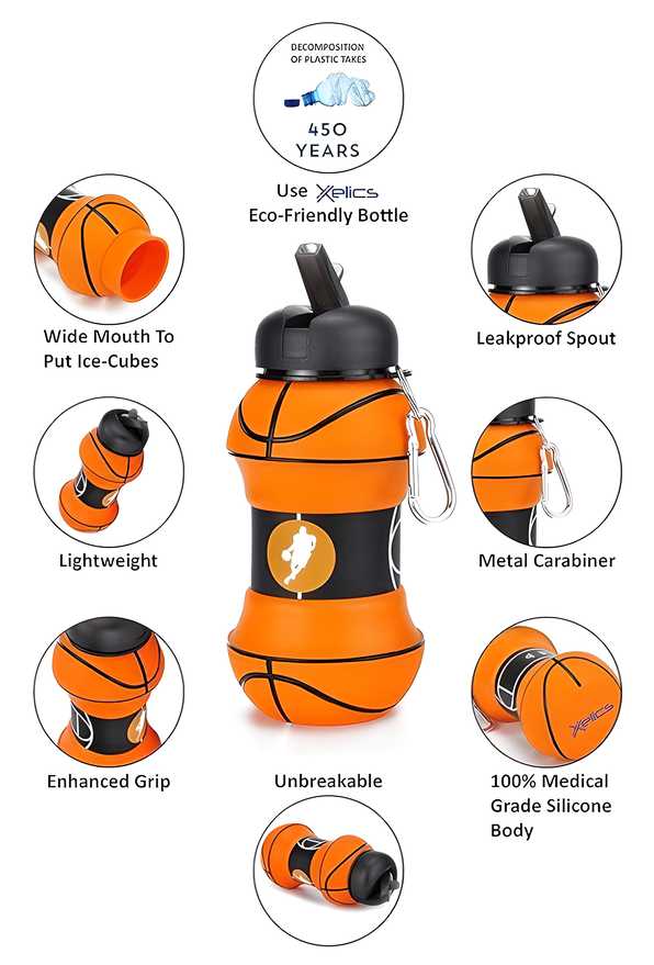 Kids Sports Water Bottle Collapsible Basketball Ball Shaped Design - noQMall