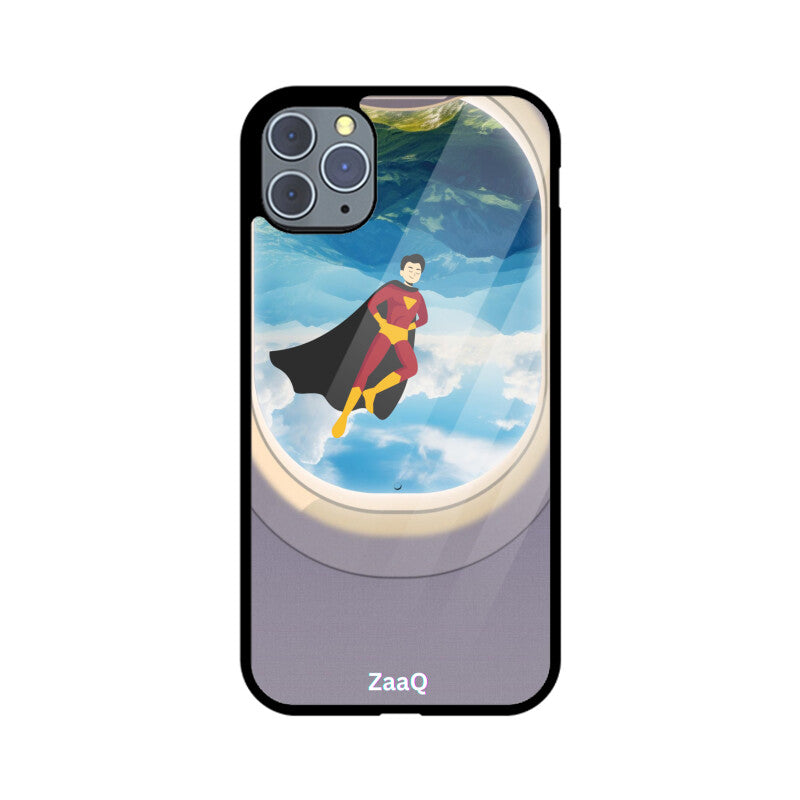 ZaaQ Premium Glass iPhone Case - Superhero through Airplane Window Design