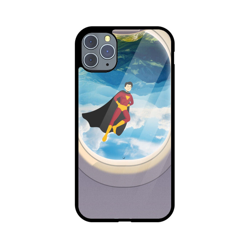 ZaaQ Premium Glass iPhone Case - Superhero through Airplane Window Design