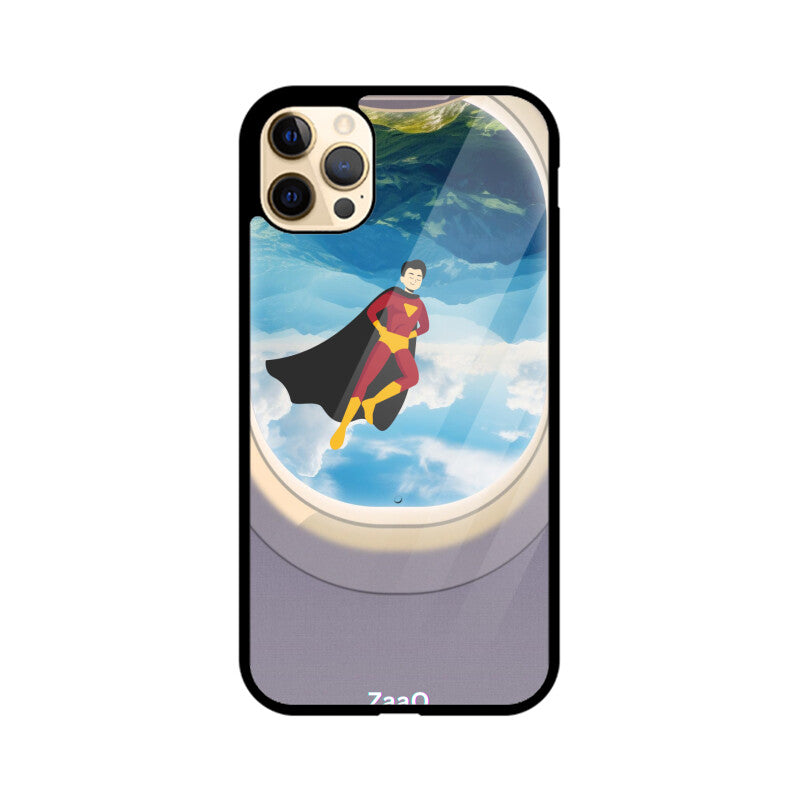 ZaaQ Premium Glass iPhone Case - Superhero through Airplane Window Design