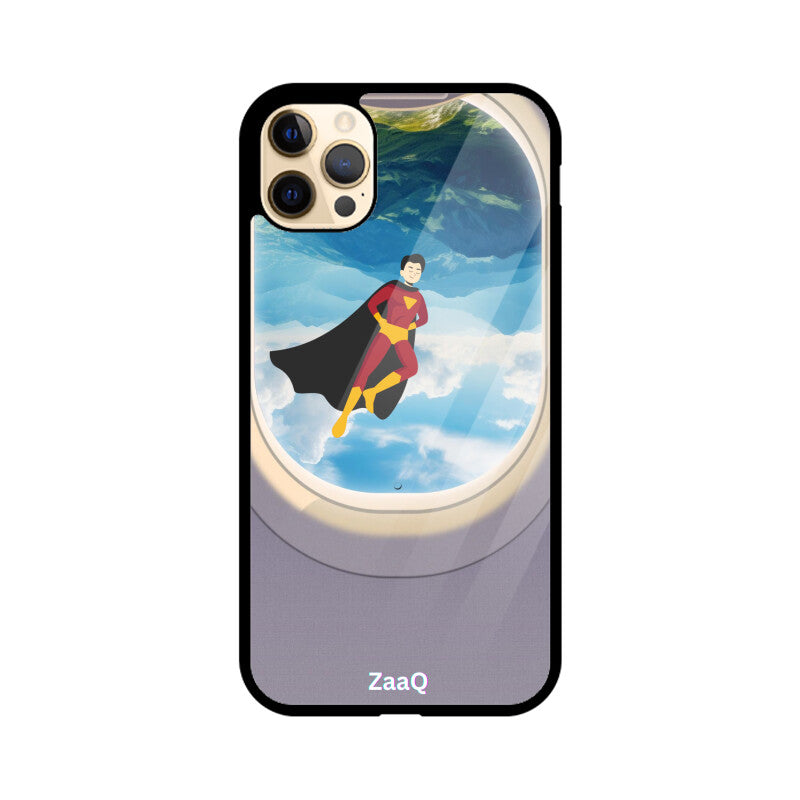 ZaaQ Premium Glass iPhone Case - Superhero through Airplane Window Design