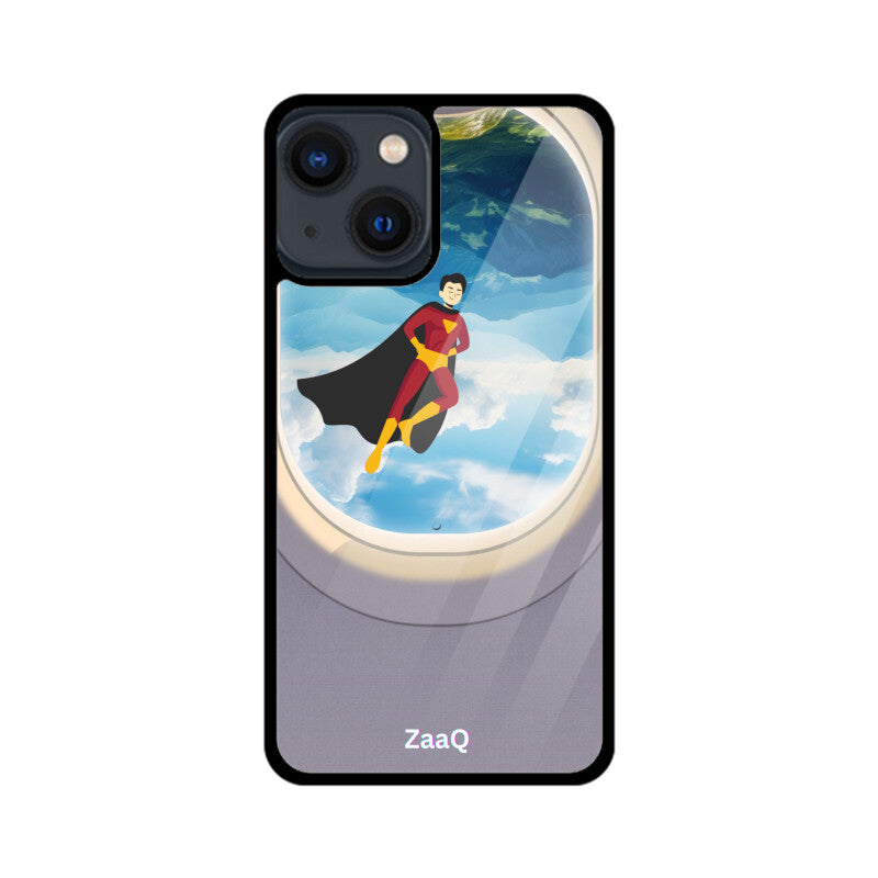 ZaaQ Premium Glass iPhone Case - Superhero through Airplane Window Design