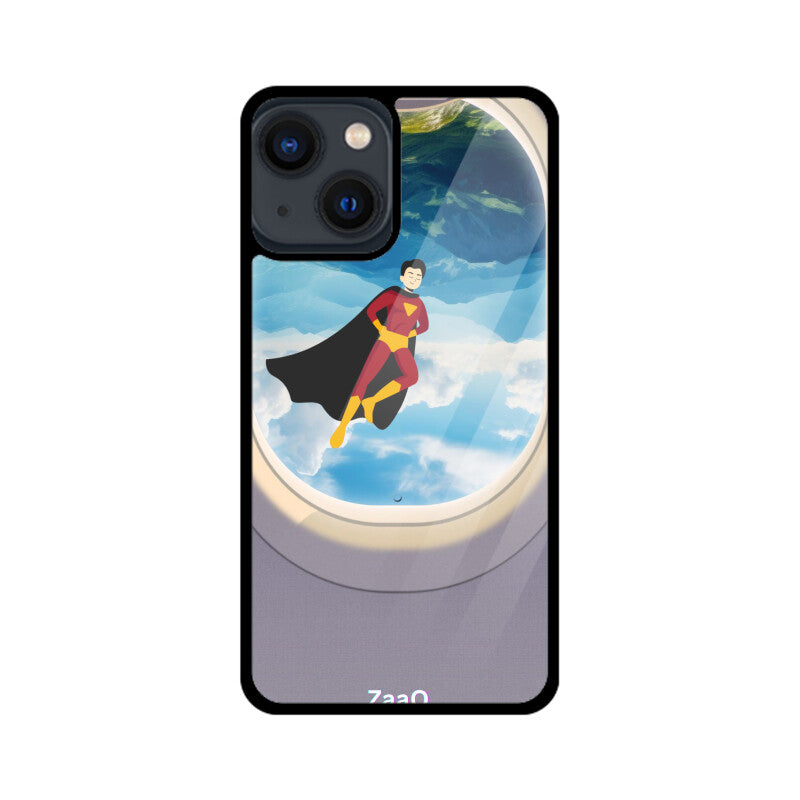 ZaaQ Premium Glass iPhone Case - Superhero through Airplane Window Design