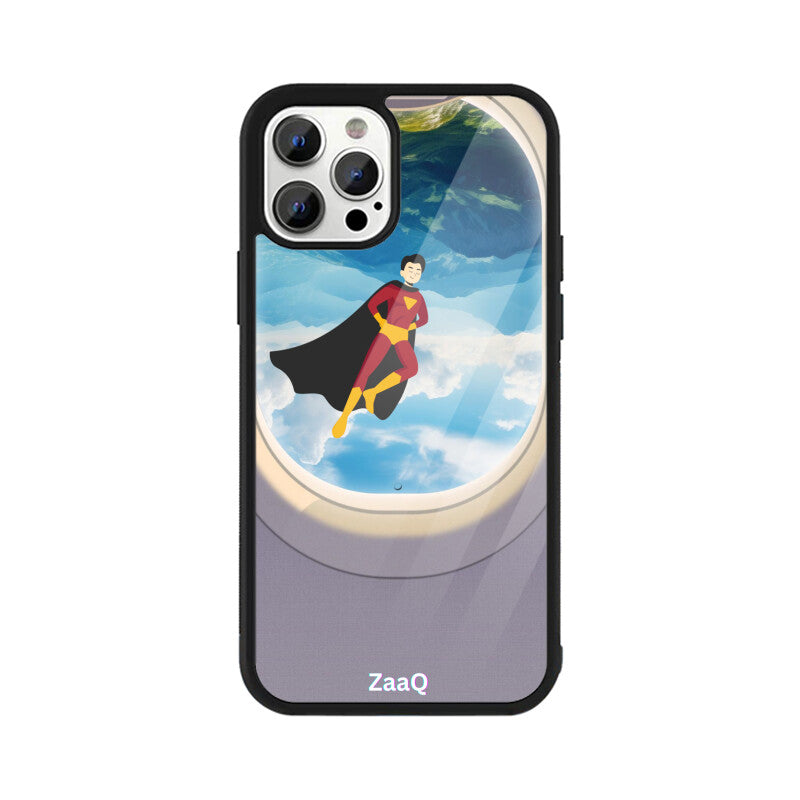 ZaaQ Premium Glass iPhone Case - Superhero through Airplane Window Design