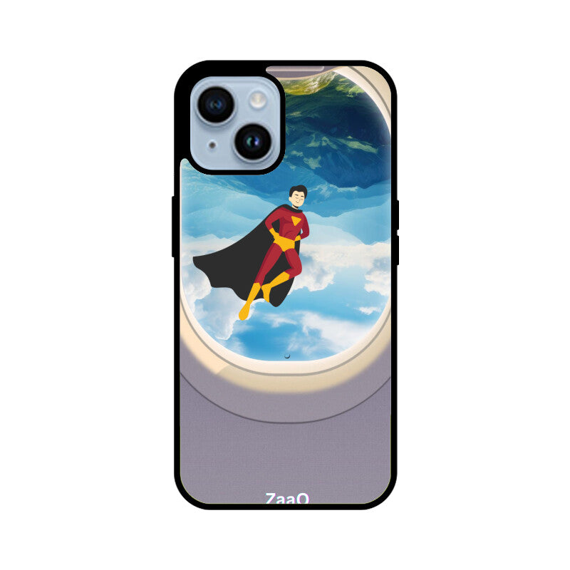 ZaaQ Premium Glass iPhone Case - Superhero through Airplane Window Design