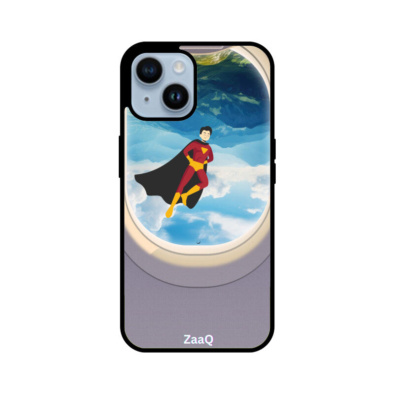 ZaaQ Premium Glass iPhone Case - Superhero through Airplane Window Design