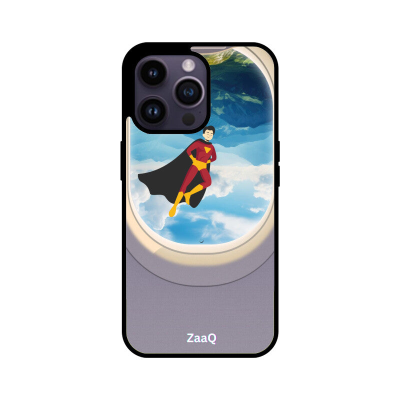 ZaaQ Premium Glass iPhone Case - Superhero through Airplane Window Design