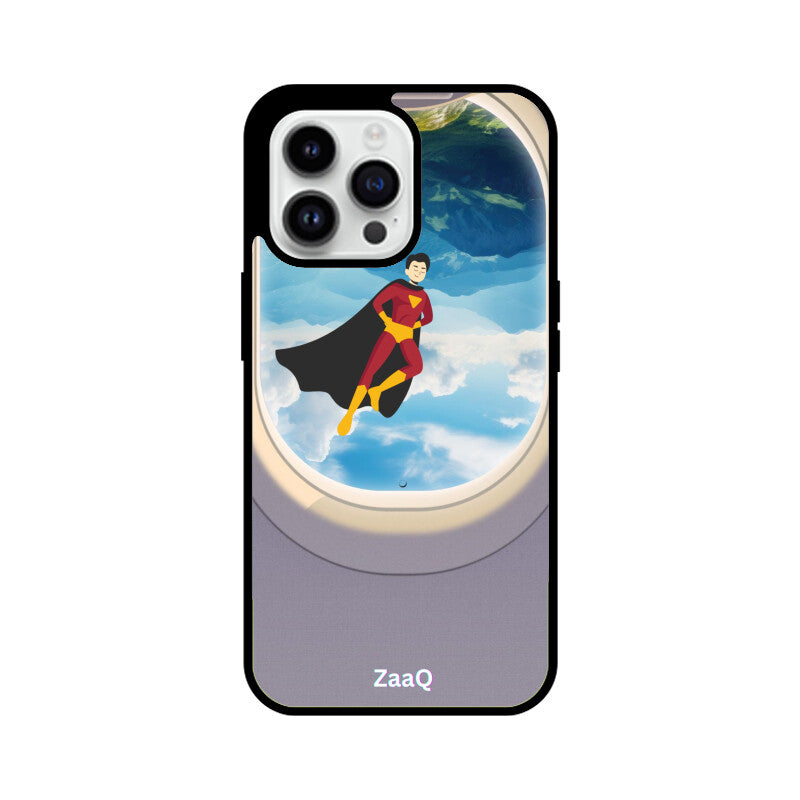 ZaaQ Premium Glass iPhone Case - Superhero through Airplane Window Design