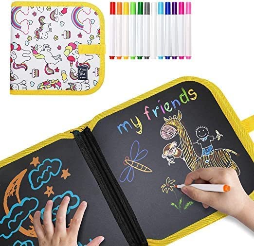 Erasable Doodle Drawing Book – 14 Pages Reusable Pad with Water-Soluble Chalk